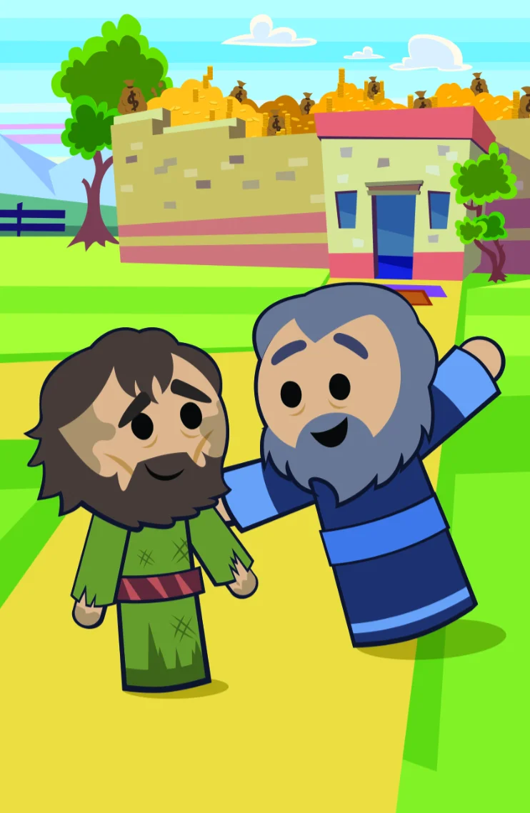 A cute, animated scene depicting the prodigal son returning home, with the father joyfully welcoming him. 