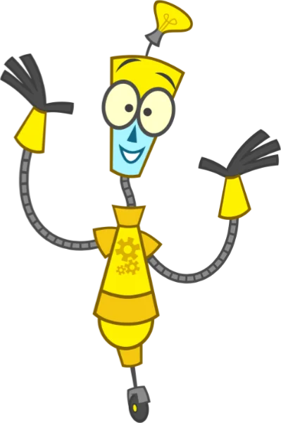 An animated robot with a cheerful expression, bright yellow body, and blue face waves happily with flexible, segmented arms.