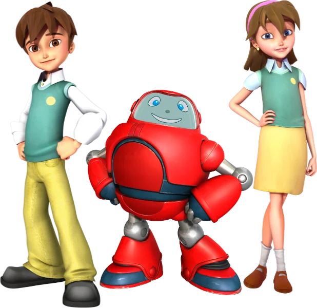 Two young kids, a boy and a girl, standing on either side of a friendly, red robot.